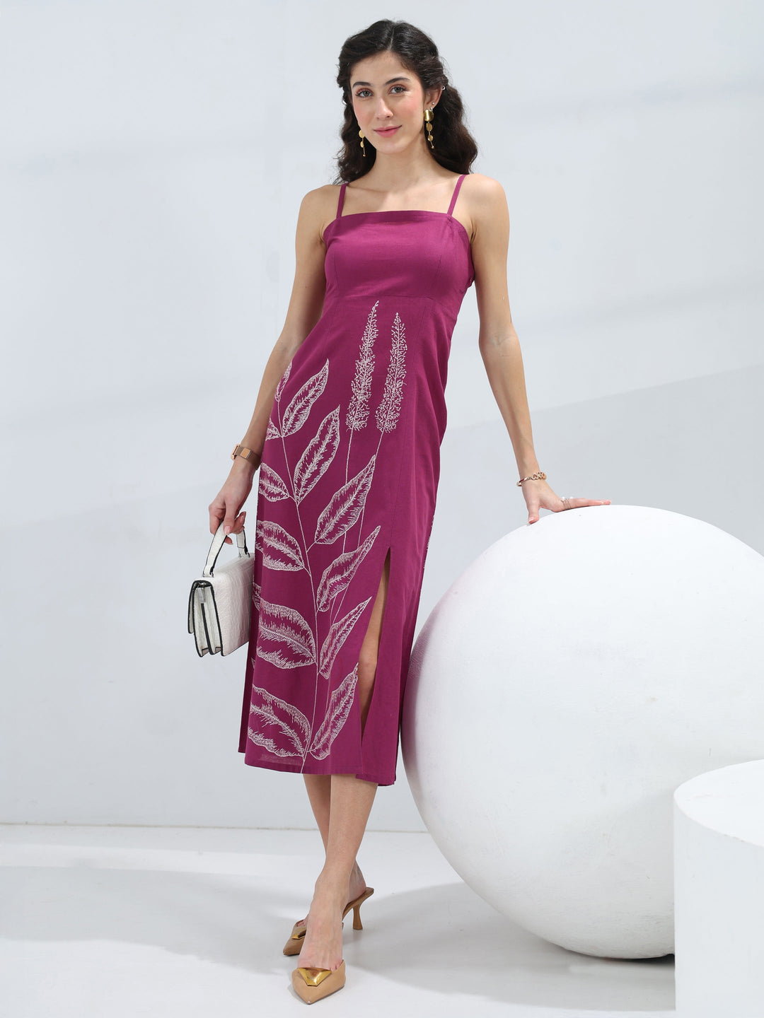 Wine Tropical Printed Cotton A-Line One-Piece Dress