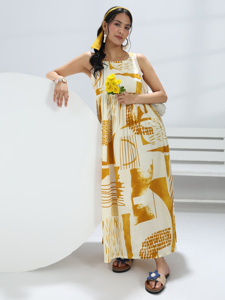 Yellow Abstract Printed Cotton A-Line One-Piece Dress