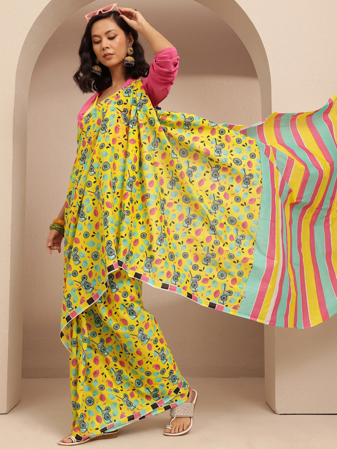 Yellow Abstract Printed Cotton Saree With Unstitched Blouse Piece