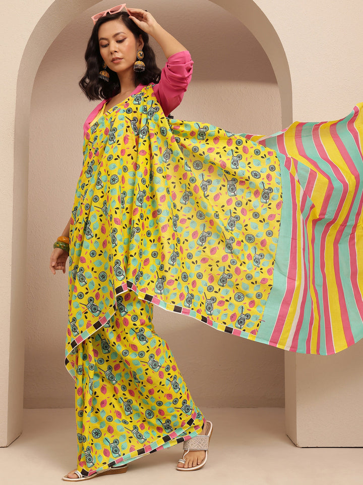 Yellow Abstract Printed Cotton Saree With Unstitched Blouse Piece