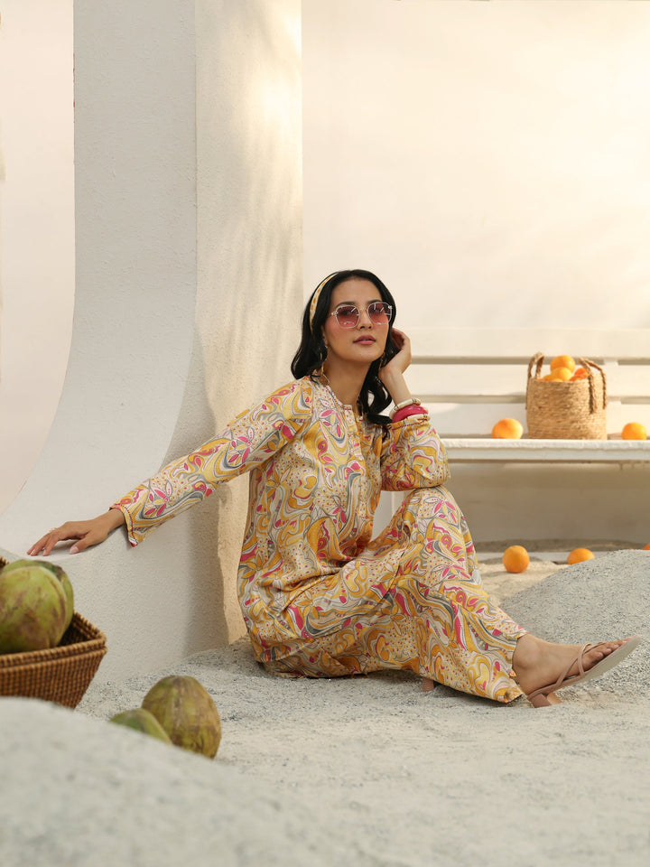 Yellow Abstract Printed Muslin Co-Ord Set