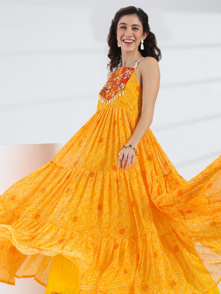 Libas Yellow Bandhani Printed Georgette Fit-And-Flare One-Piece Dress