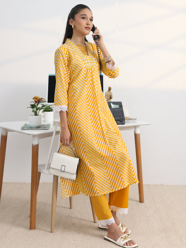Yellow Chevron Printed Cotton Blend A-Line Kurta Set