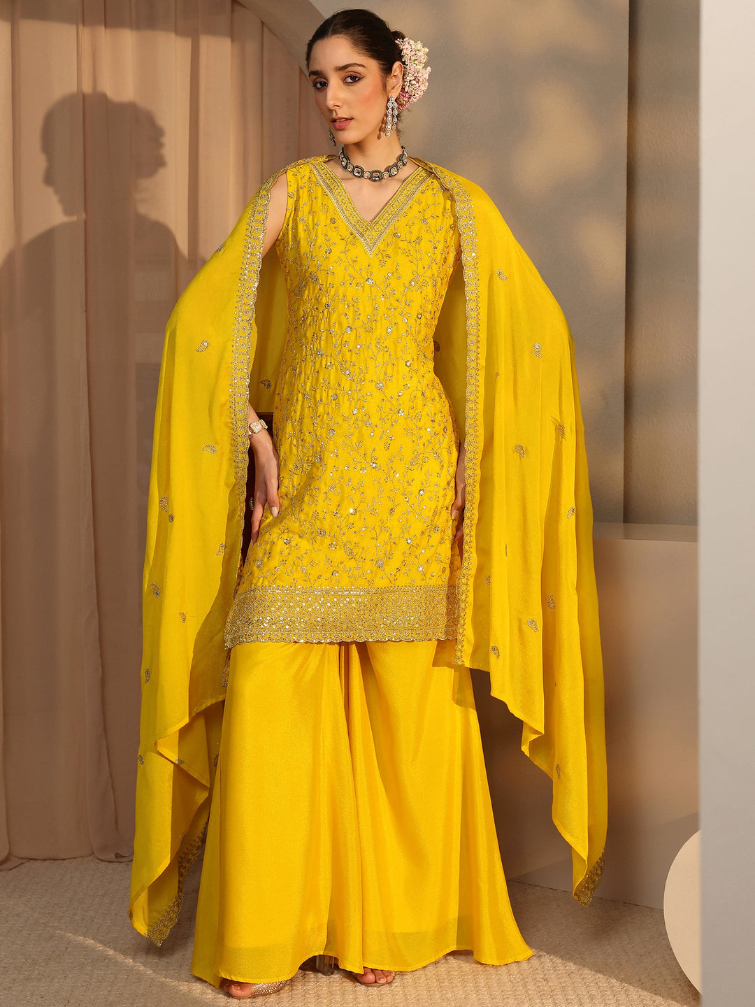 Yellow Embellished Chinon Palazzo Suit Set With Dupatta