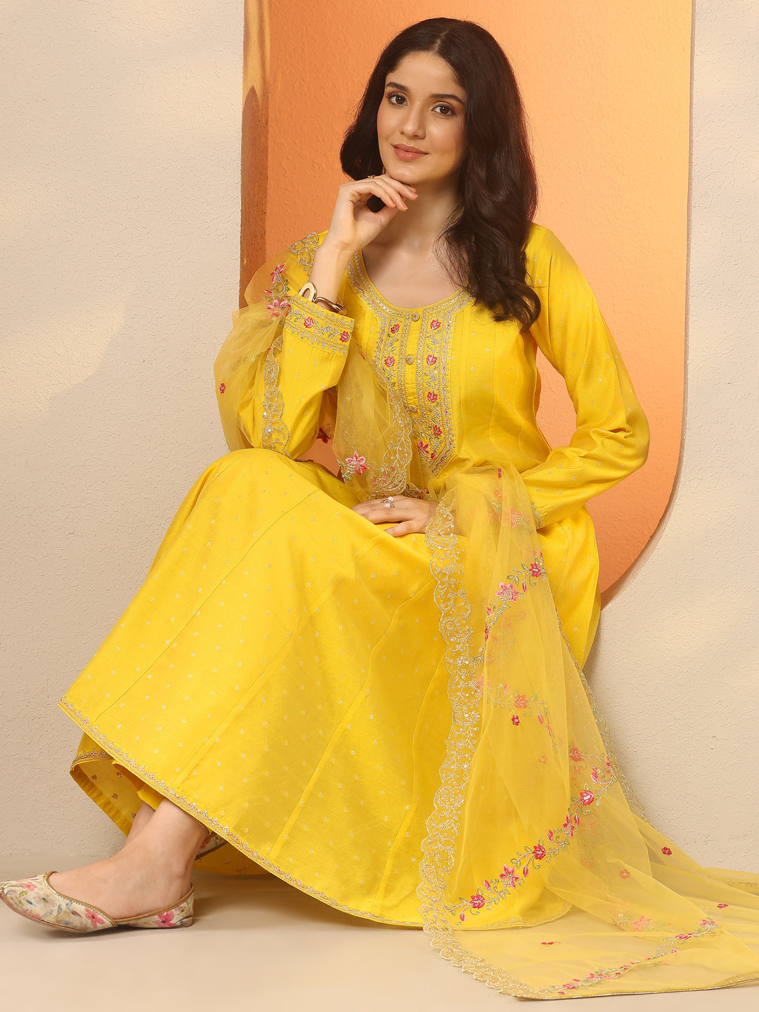 Yellow Embellished Silk Blend Anarkali Suit Set With Dupatta