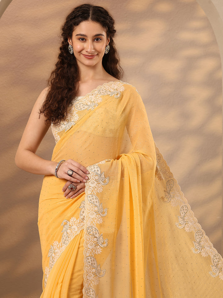 Yellow Embellished Silk Blend Saree With Unstitched Blouse Piece