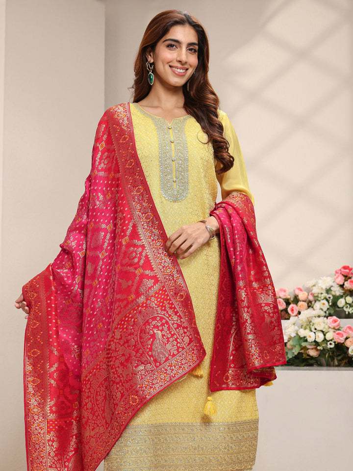 Yellow Embellished Silk Blend Straight Suit Set With Dupatta