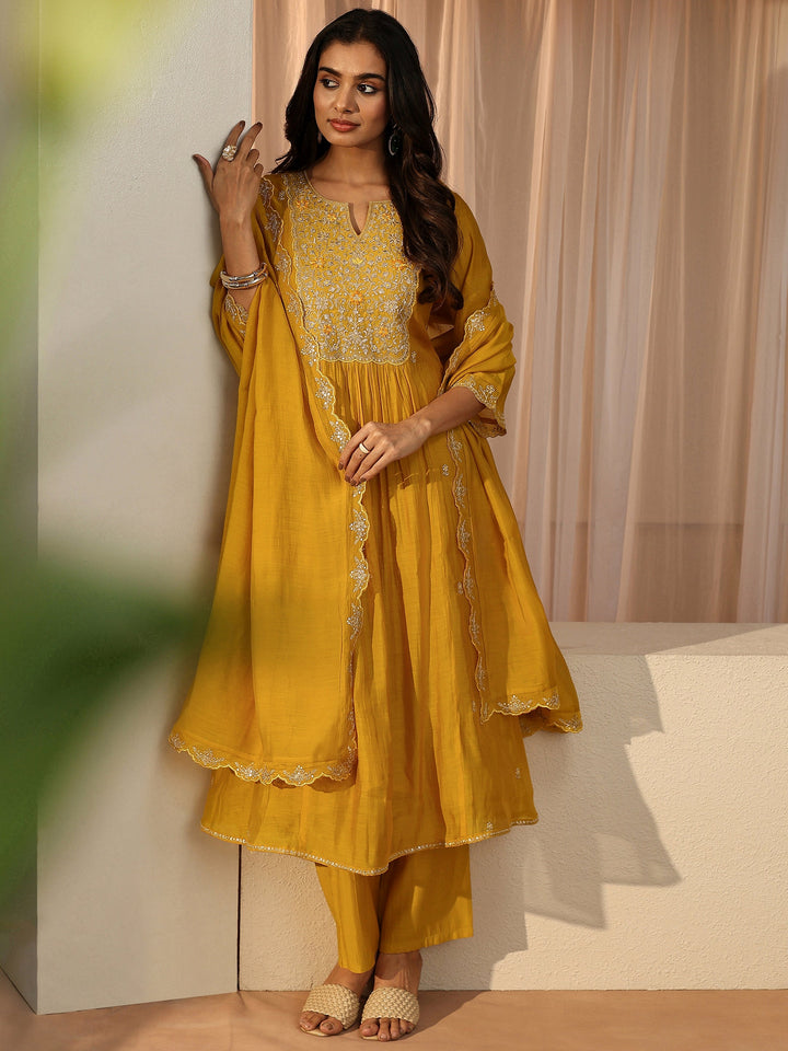 Yellow Embroidered Chanderi Cotton A-Line Suit Set
