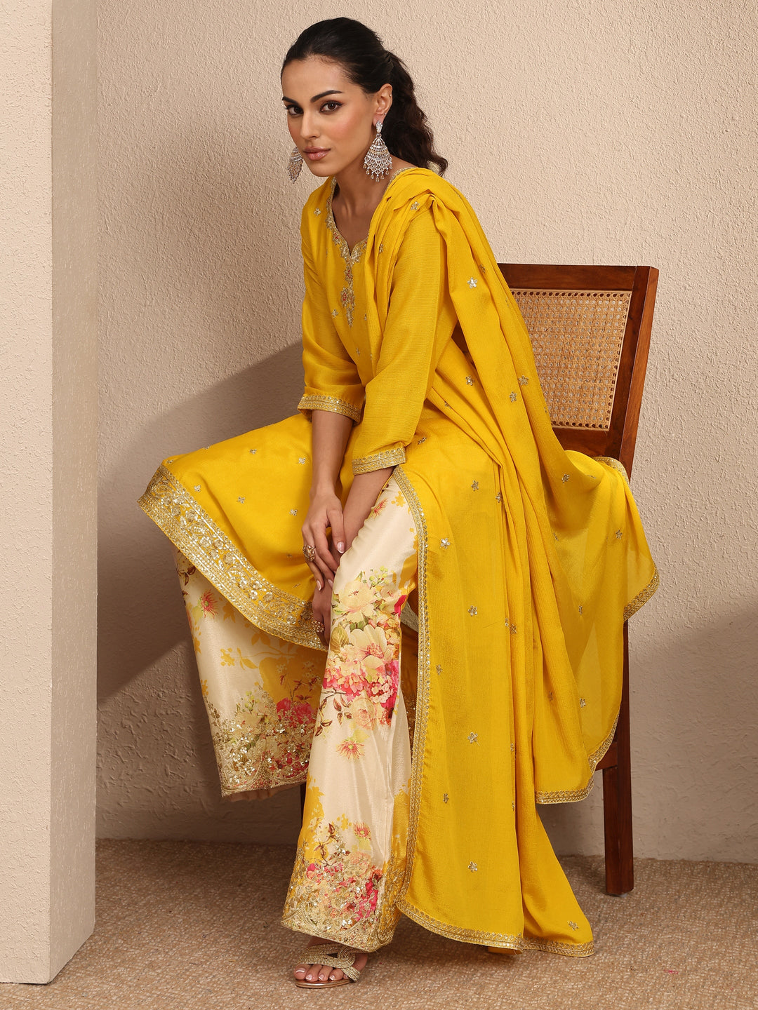 Yellow Embroidered Chinon Straight Suit Set With Dupatta