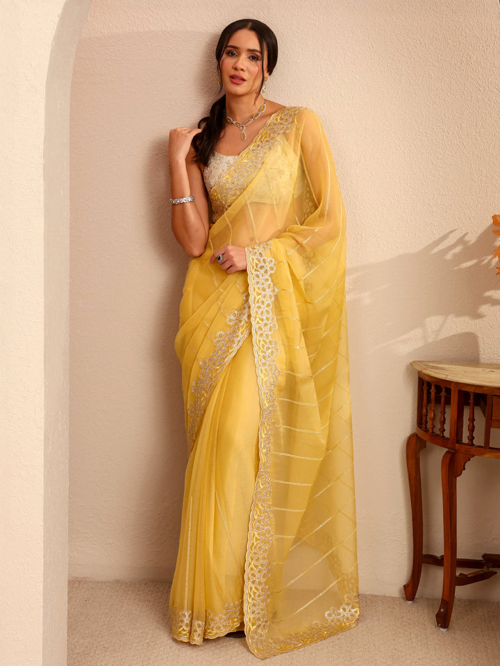 Libas Yellow Embroidered Organza Saree