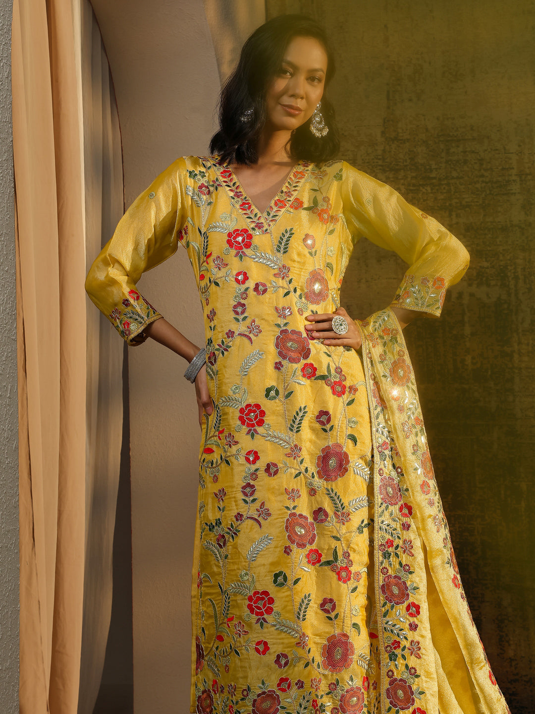 Yellow Embroidered Organza Straight Suit Set With Dupatta