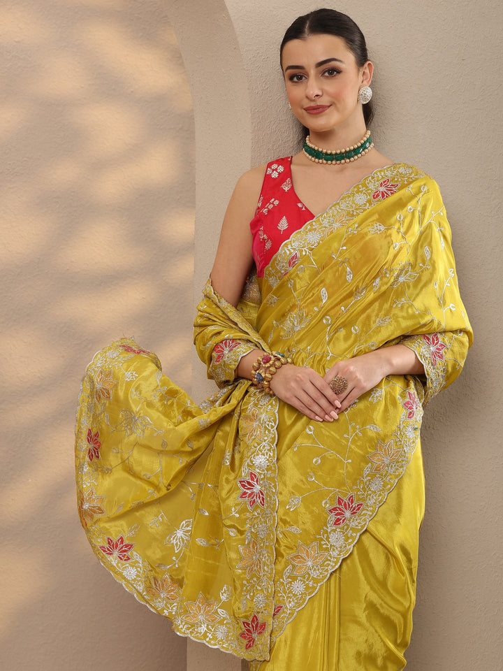Yellow Embroidered Silk Blend Saree With Unstitched Blouse Piece