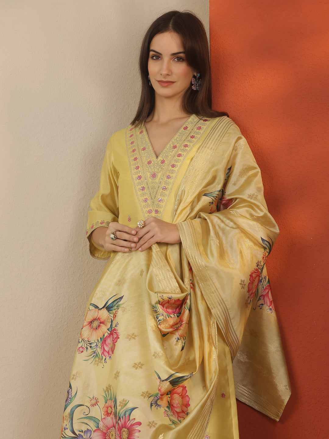 Yellow Embroidered Silk Blend Straight Suit Set With Dupatta