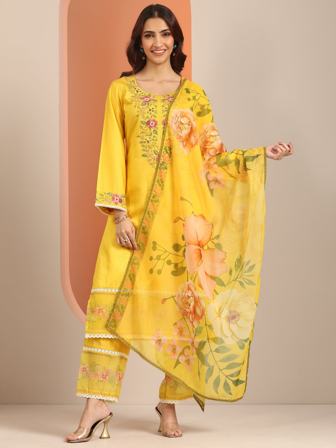 Yellow Embroidered Silk Blend Straight Suit Set With Dupatta
