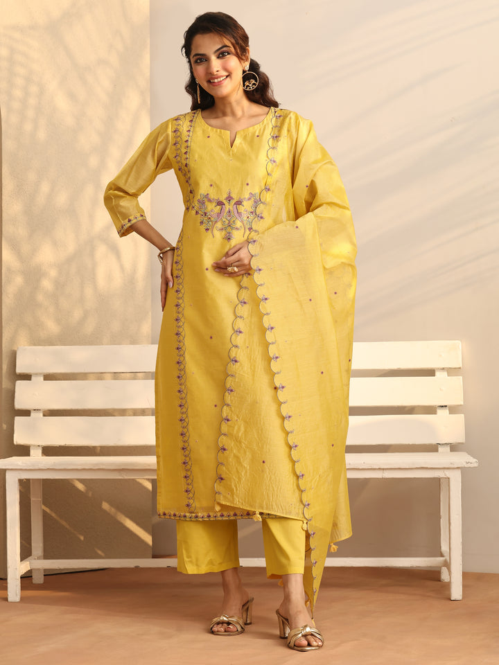 Yellow Embroidered Silk Blend Straight Suit Set With Dupatta