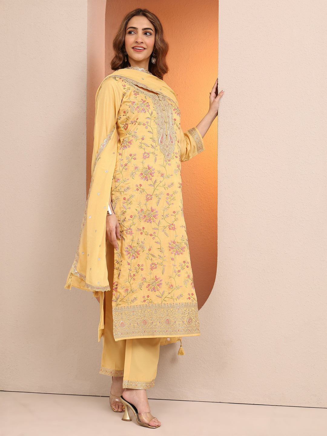 Yellow Embroidered Silk blend Straight Suit Set With Dupatta