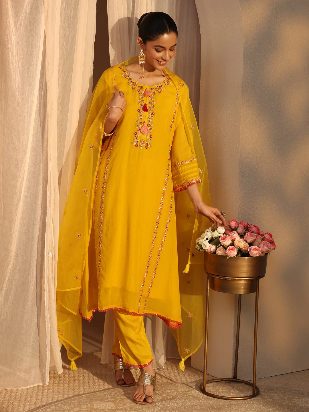 Yellow Ethnic Embroidered Chanderi Cotton A-Line Suits Set With Dupatta
