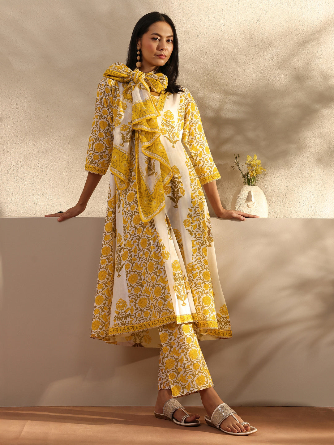 Yellow Ethnic Motif Printed Cotton A-Line Suit Set With Dupatta