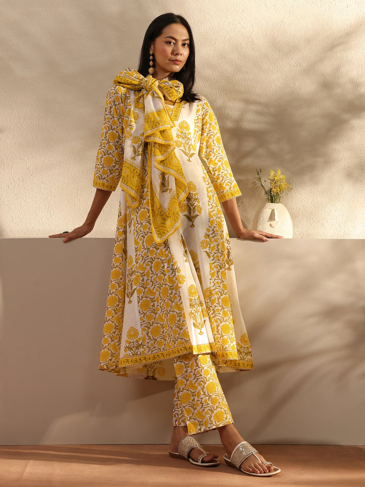 Yellow Ethnic Motif Printed Cotton A-Line Suit Set With Dupatta