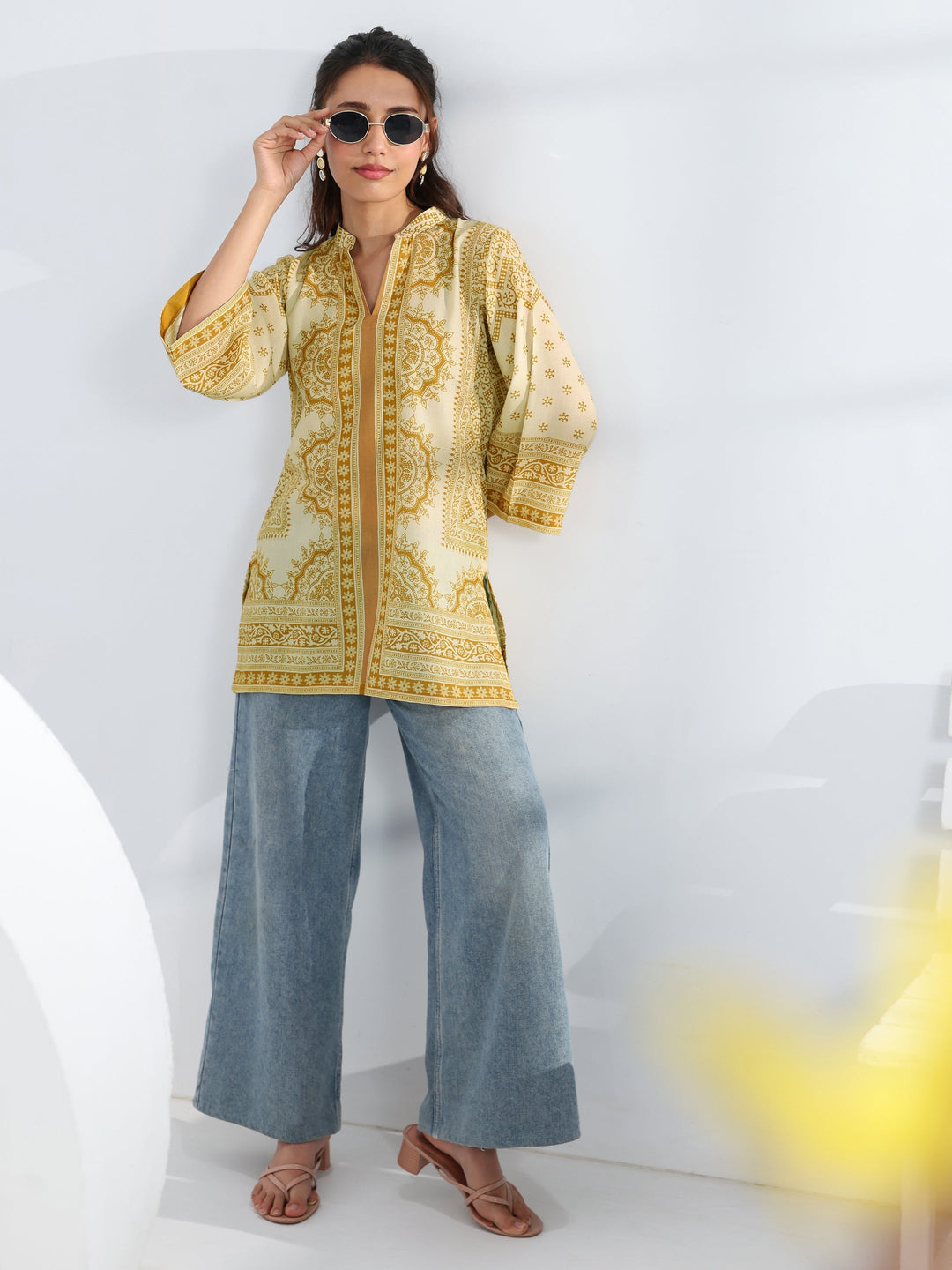 Yellow Ethnic Motif Printed Cotton Blend Straight Short Kurti