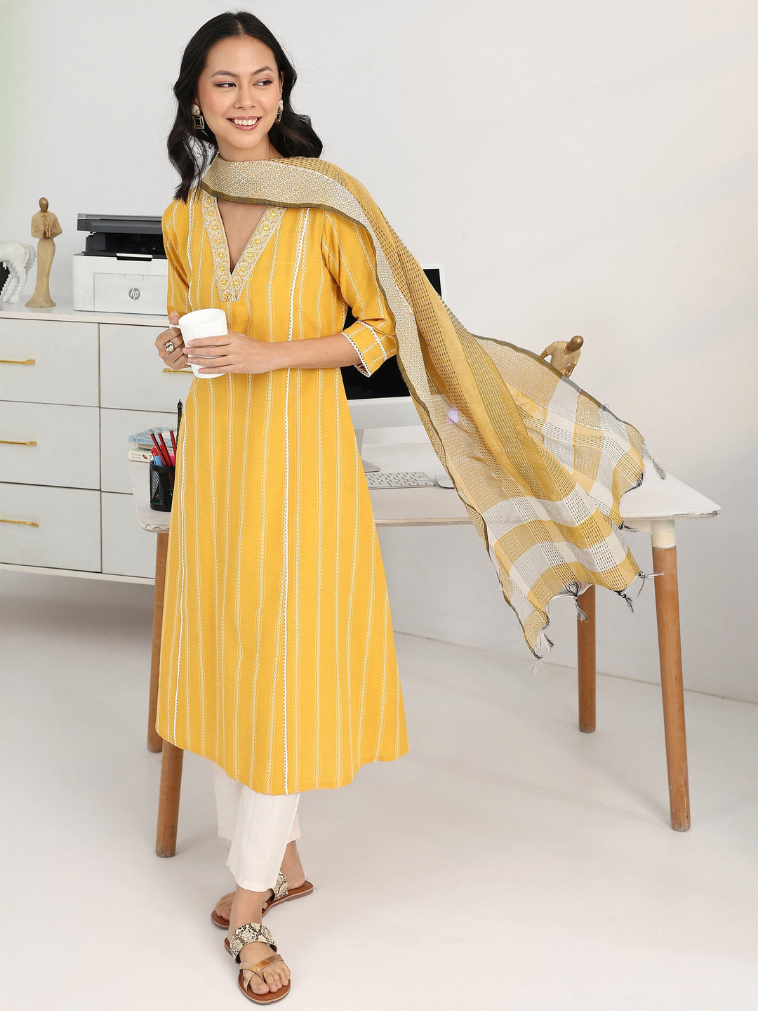 Yellow Ethnic Motif Woven Design Cotton Blend A-Line Suit Set With Dupatta