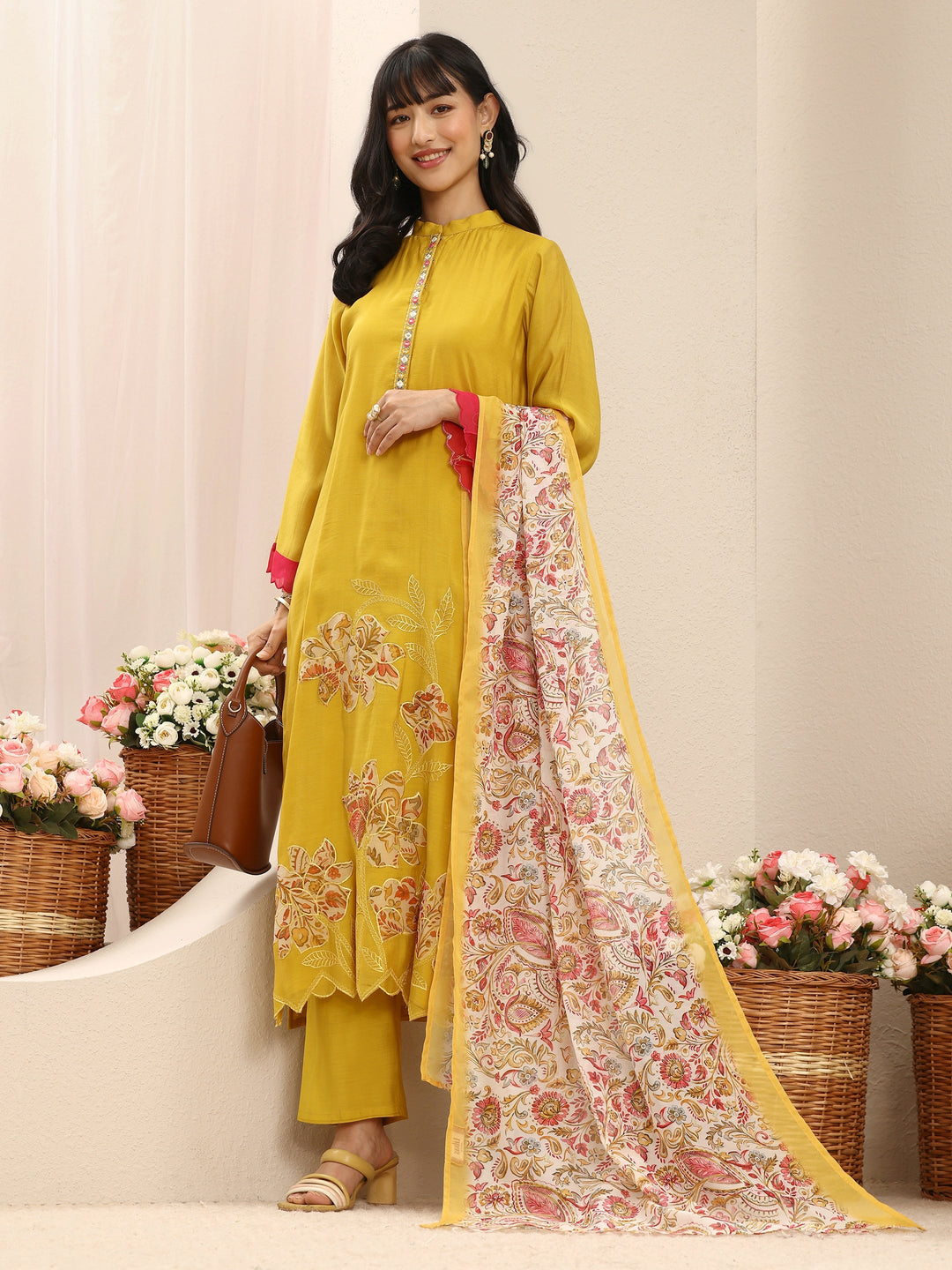 Yellow Floral Embroidered Chanderi Cotton Straight Suit Set With Dupatta