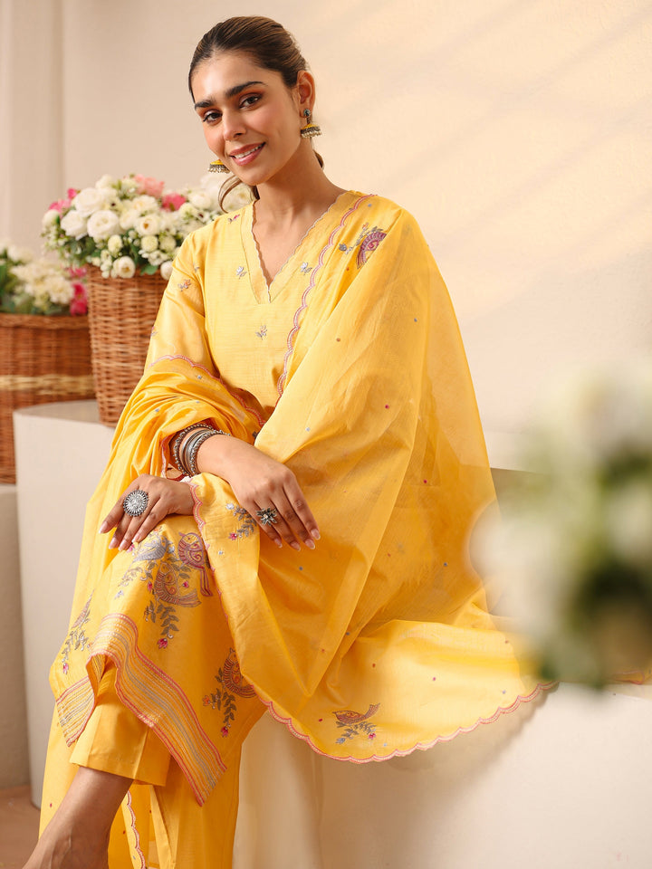 Yellow Floral Embroidered Chanderi Silk Straight Suit Set