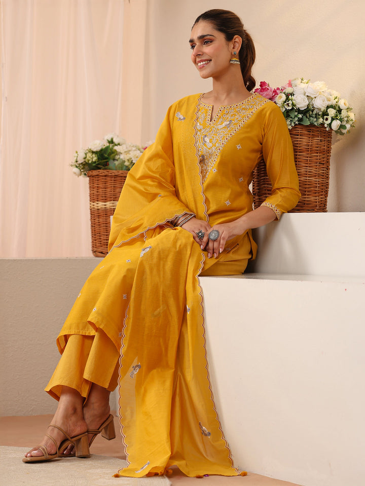 Yellow Floral Embroidered Chanderi Silk Straight Suit Set
