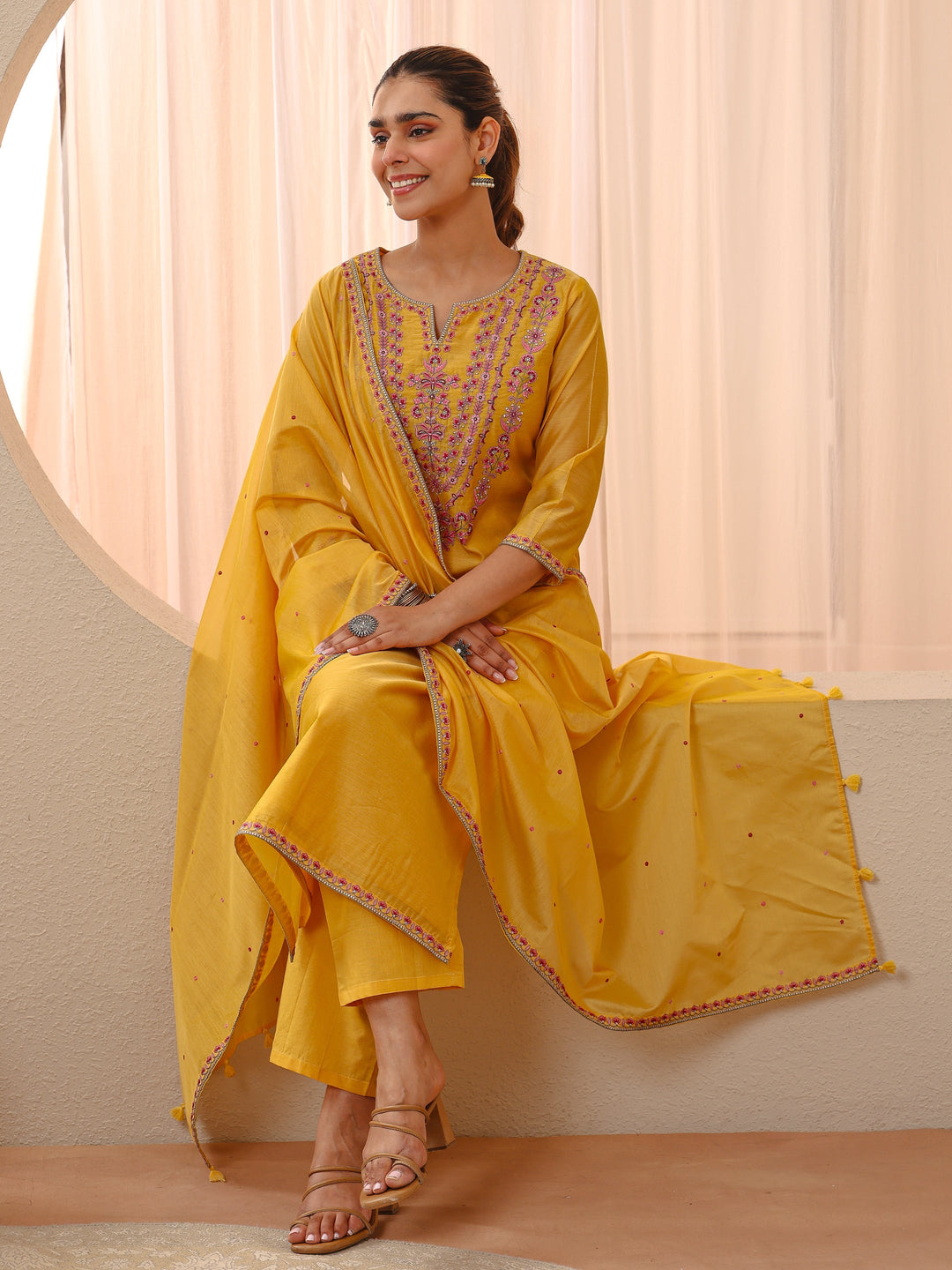 Yellow Floral Embroidered Chanderi Silk Straight Suit Set