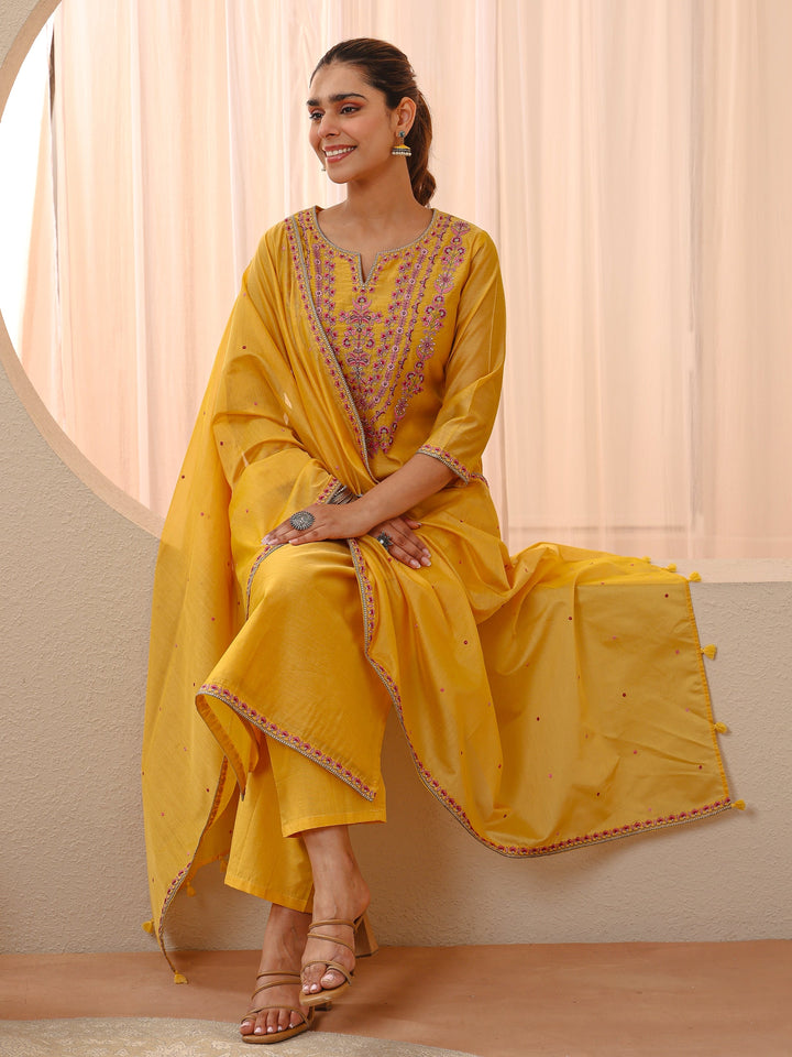 Yellow Floral Embroidered Chanderi Silk Straight Suit Set