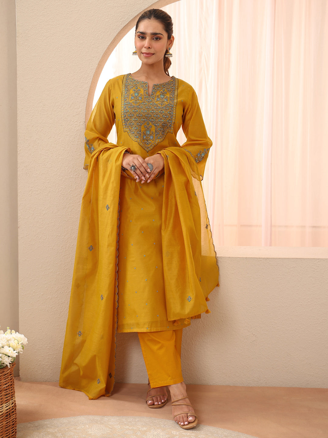Yellow Floral Embroidered Chanderi Silk Straight Suit Set