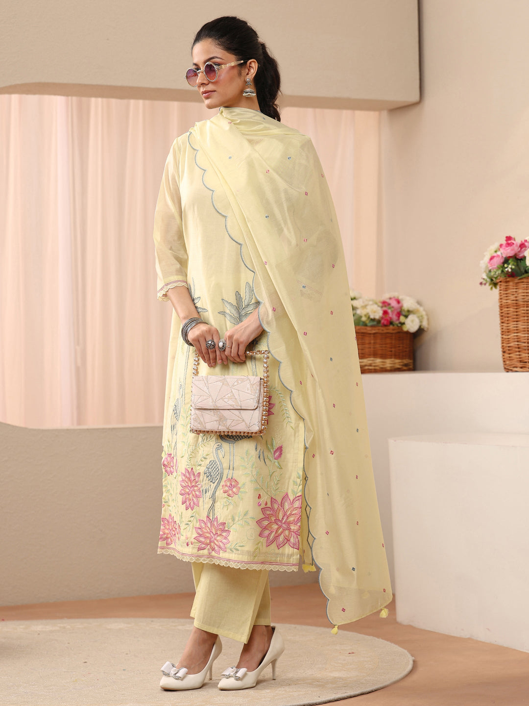 Yellow Floral Embroidered Chanderi Silk Straight Suit Set