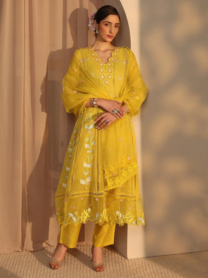 Yellow Floral Embroidered Chiffon Anarkali Suit Set with Dupatta
