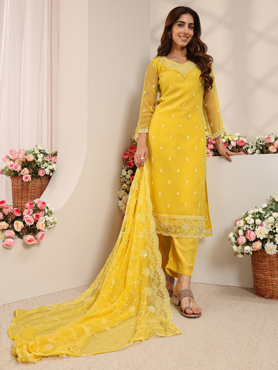 Yellow Floral Embroidered Chiffon Straight Suit Set With Dupatta