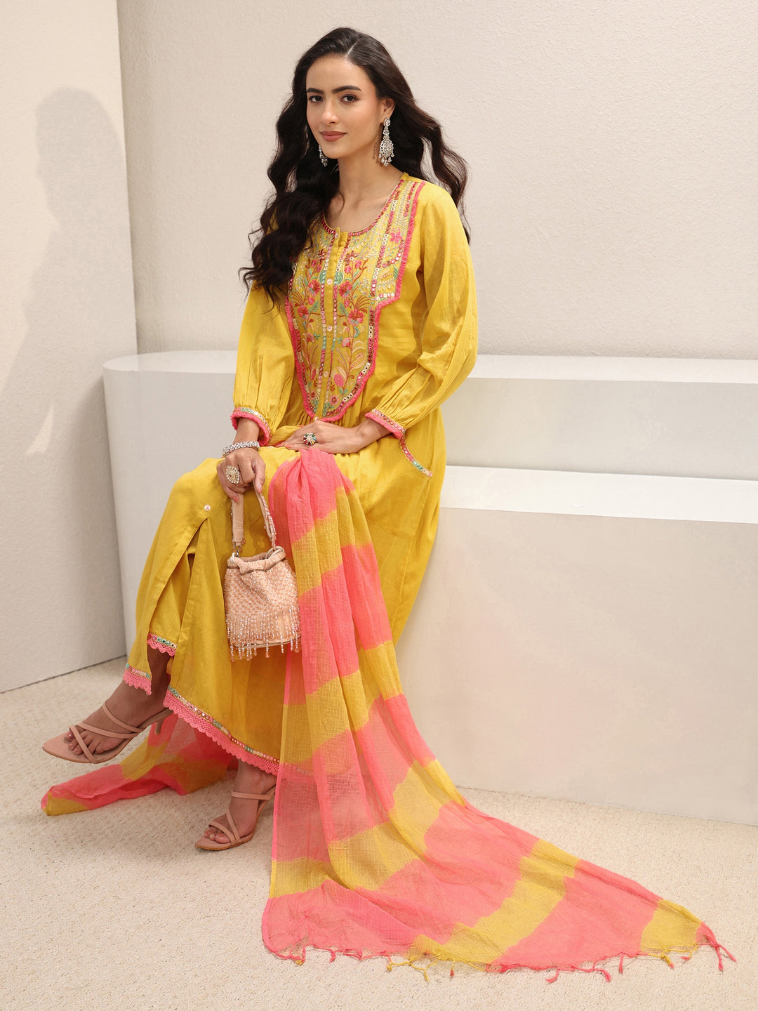 Yellow Floral Embroidered Cotton A-Line Suit Set With Dupatta