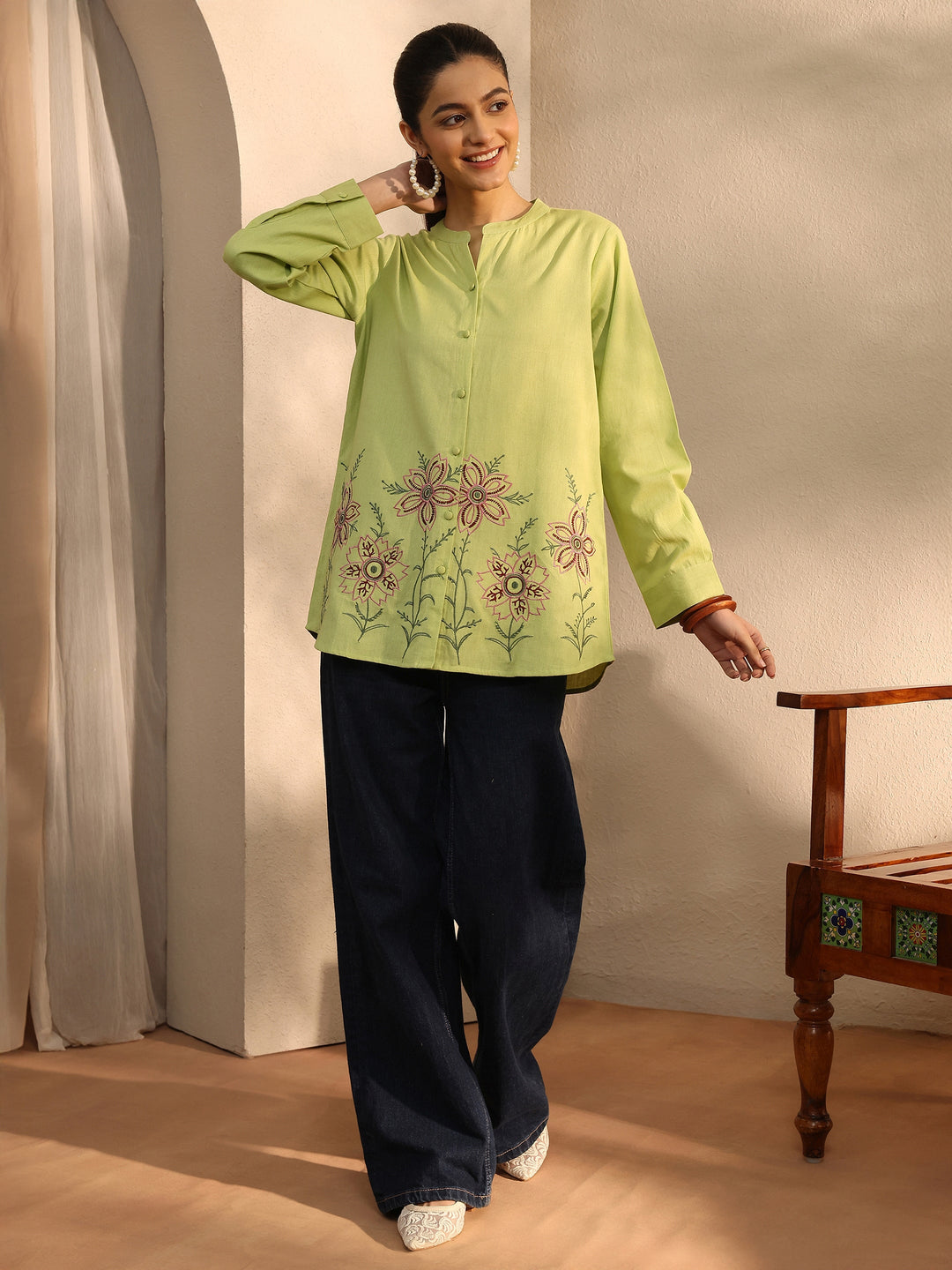 Yellow Floral Embroidered Linen Shirt