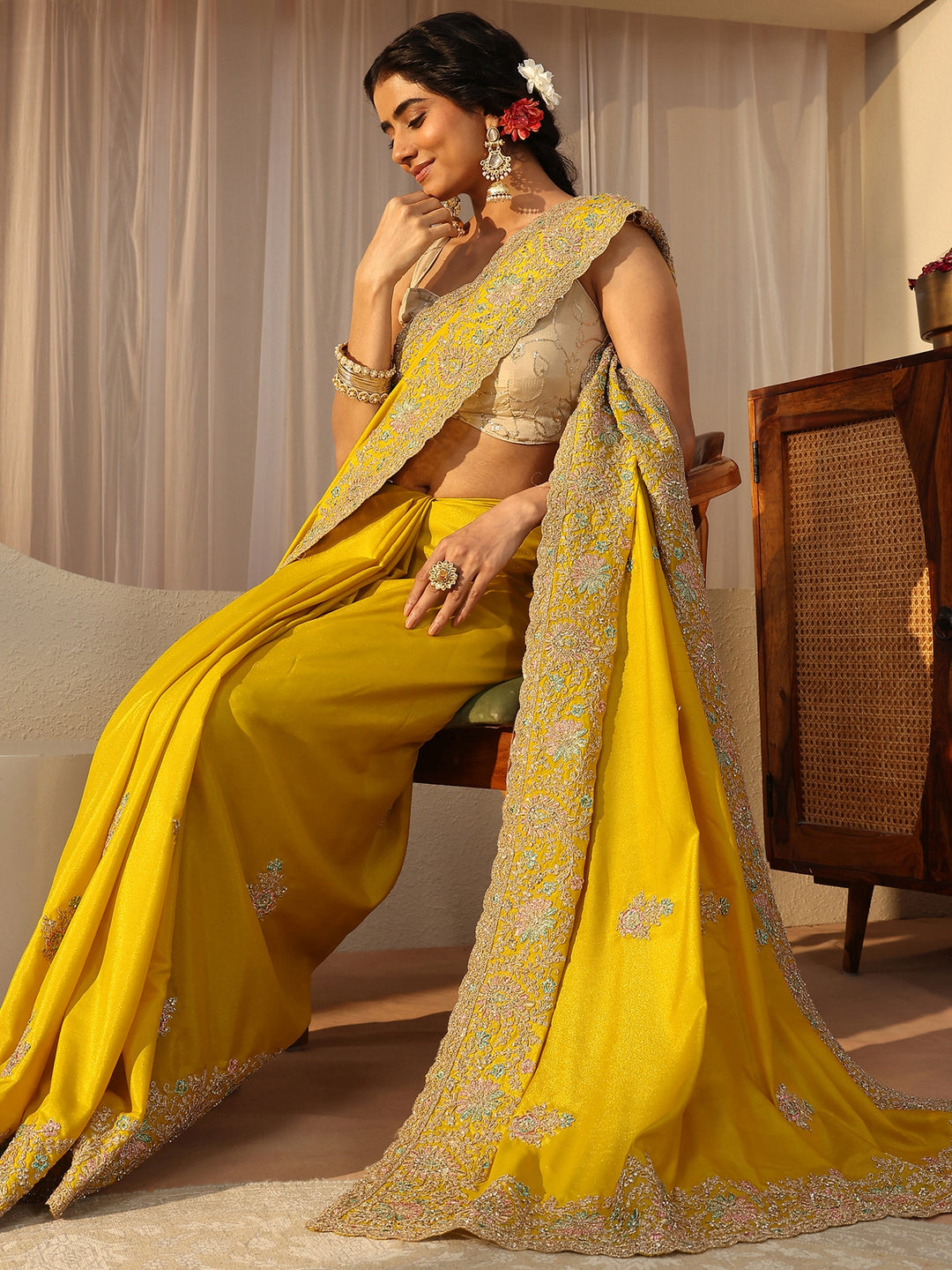 Yellow Floral Embroidered Satin Saree