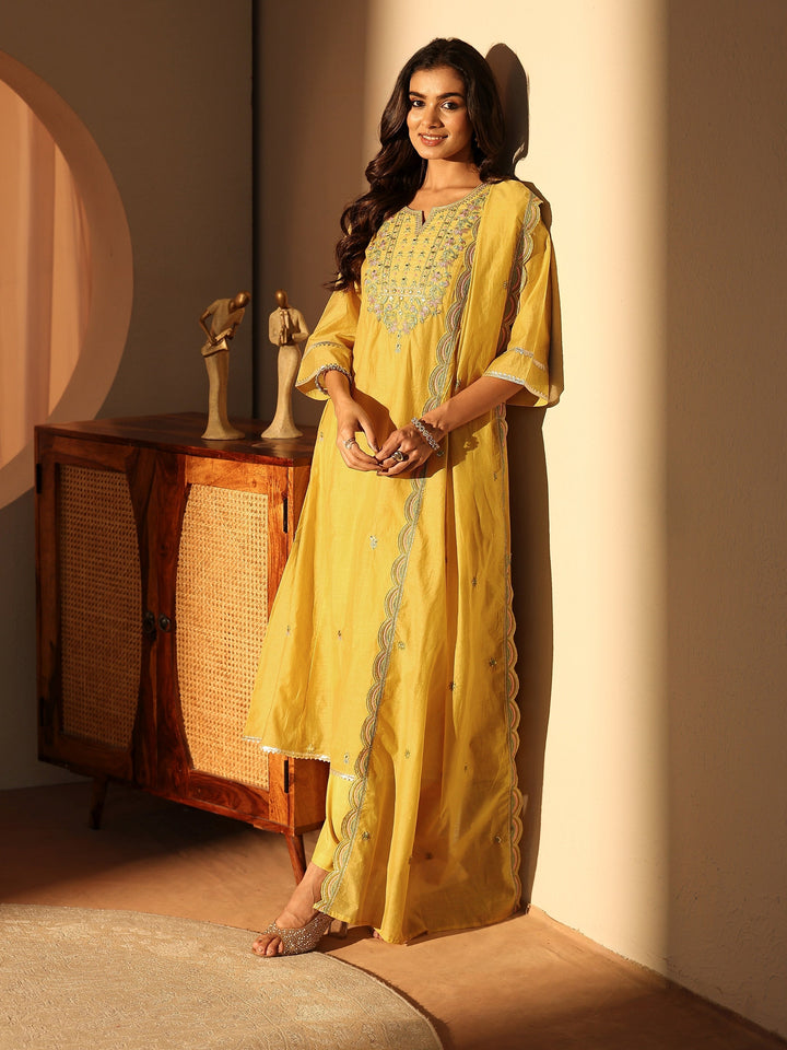 Yellow Floral Embroidered Silk Blend A-Line Suit Set
