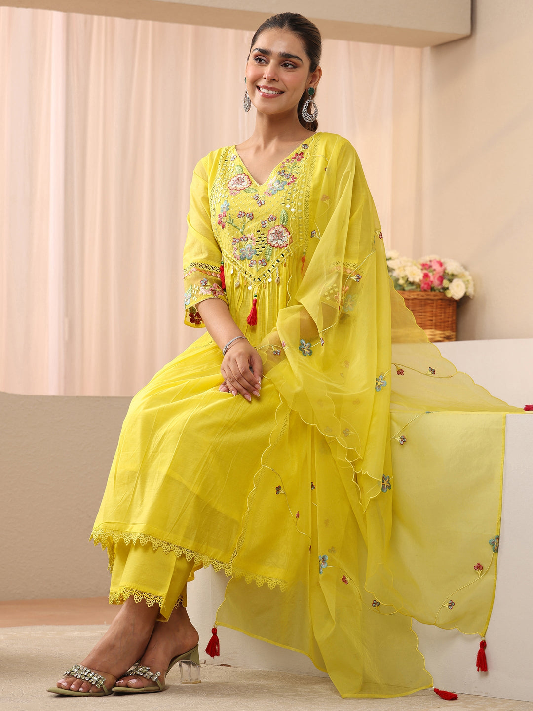 Yellow Floral Embroidered Silk Blend A-Line Suit Set