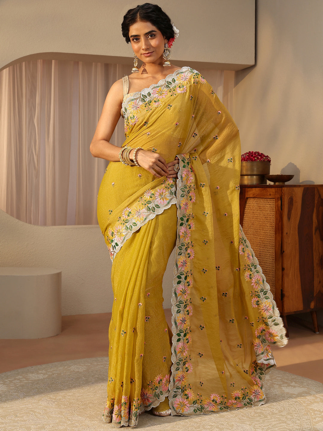 Yellow Floral Embroidered Tissue Saree