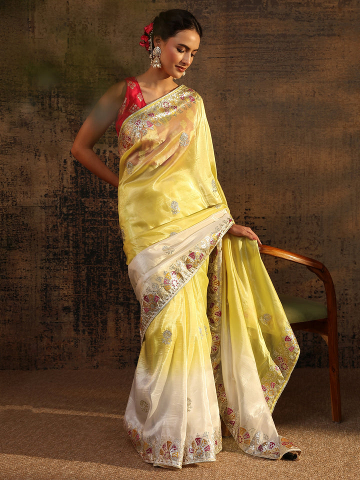 Yellow Floral Embroidered Tissue Saree With Unstitched Blouse Piece