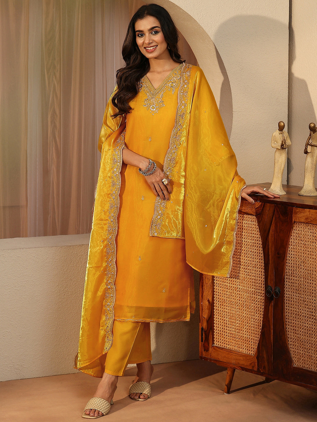 Yellow Floral Embroidered Tissue Straight Suit Set