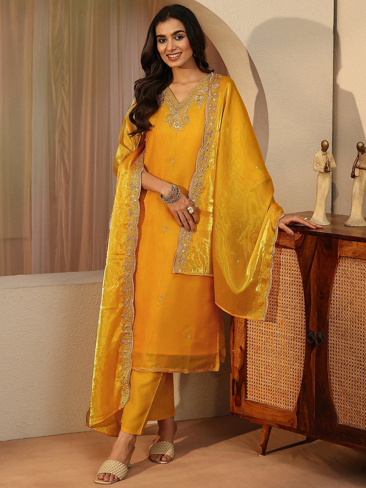 Yellow Floral Embroidered Tissue Straight Suit Set