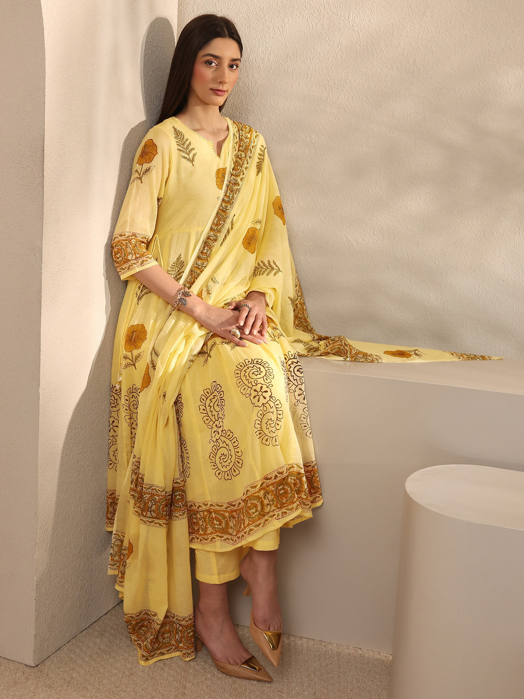 Yellow Floral Print Cotton Anarkali Suit Set with Dupatta