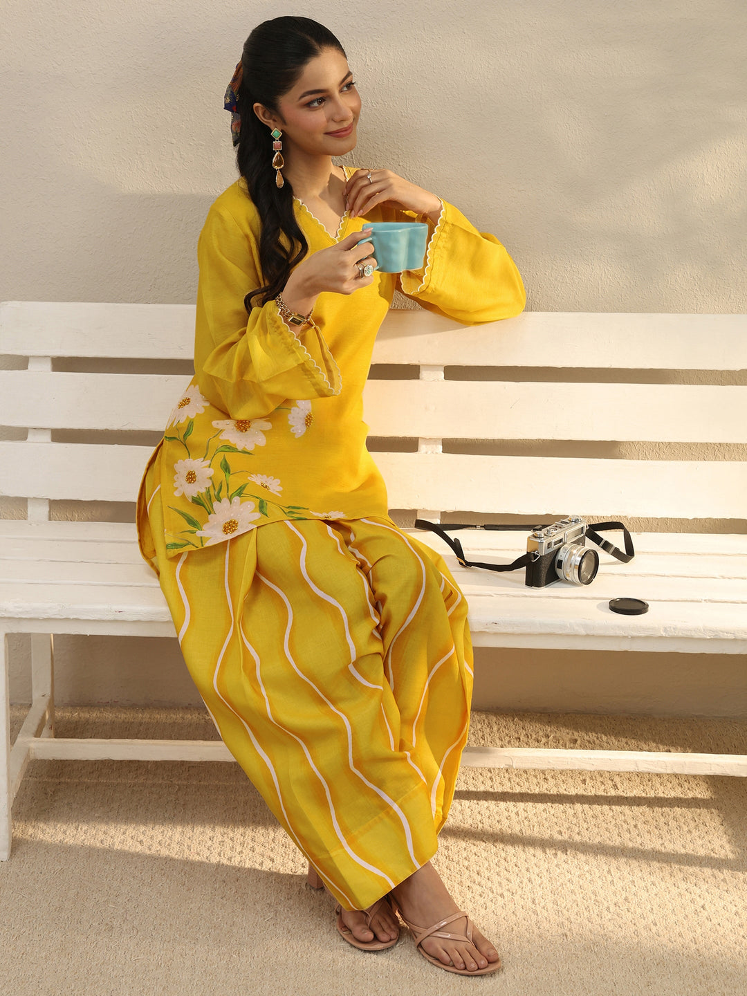 Yellow Floral Printed Chanderi Silk Co-Ord Set