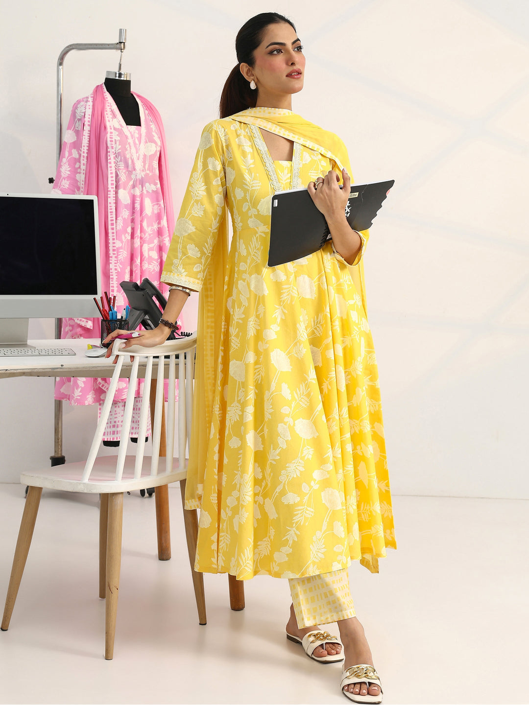 Yellow Floral Printed Cotton Blend A-Line Suit Set With Dupatta