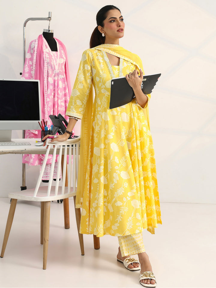 Yellow Floral Printed Cotton Blend A-Line Suit Set With Dupatta
