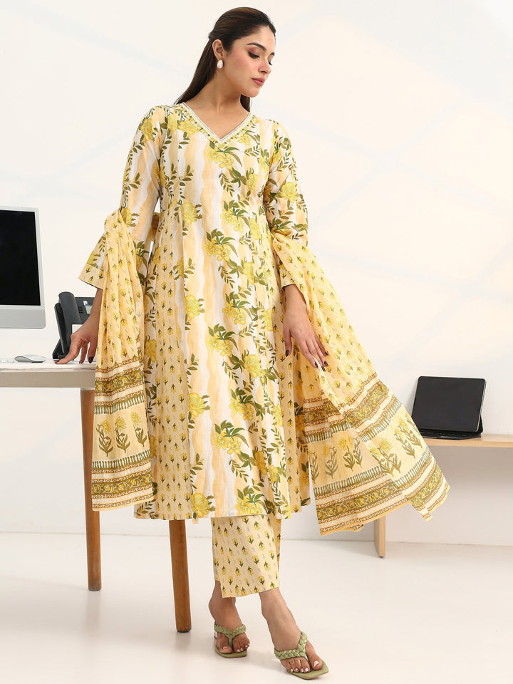 Yellow Floral Printed Cotton Blend A-Line Suit Set With Dupatta