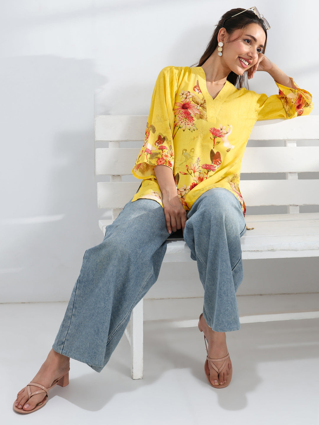 Yellow Floral Printed Cotton Blend Straight Short Kurti