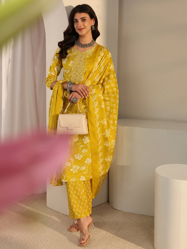 Yellow Floral Printed Cotton Blend Straight Suit Set With Dupatta